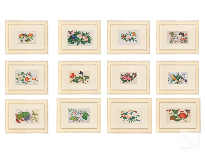 中國畫家 十九世紀 花蝶及果圖一組十二幅 水粉紙本 鏡框 | CHINESE ARTIST (19TH CENTURY)